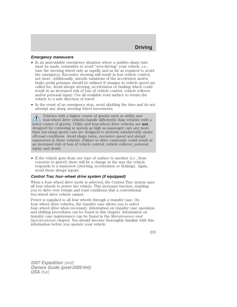 Emergency maneuvers, Control trac four–wheel drive system (if equipped), Driving | FORD 2007 Expedition v.1 User Manual | Page 235 / 328