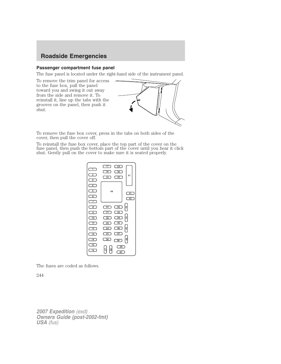 Passenger compartment fuse panel, Roadside emergencies | FORD 2007 Expedition v.1 User Manual | Page 244 / 328