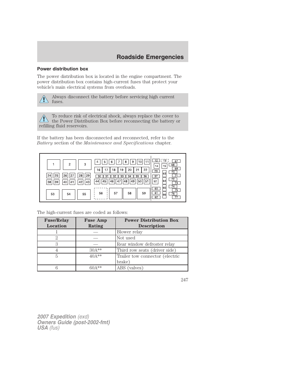 Power distribution box, Roadside emergencies | FORD 2007 Expedition v.1 User Manual | Page 247 / 328