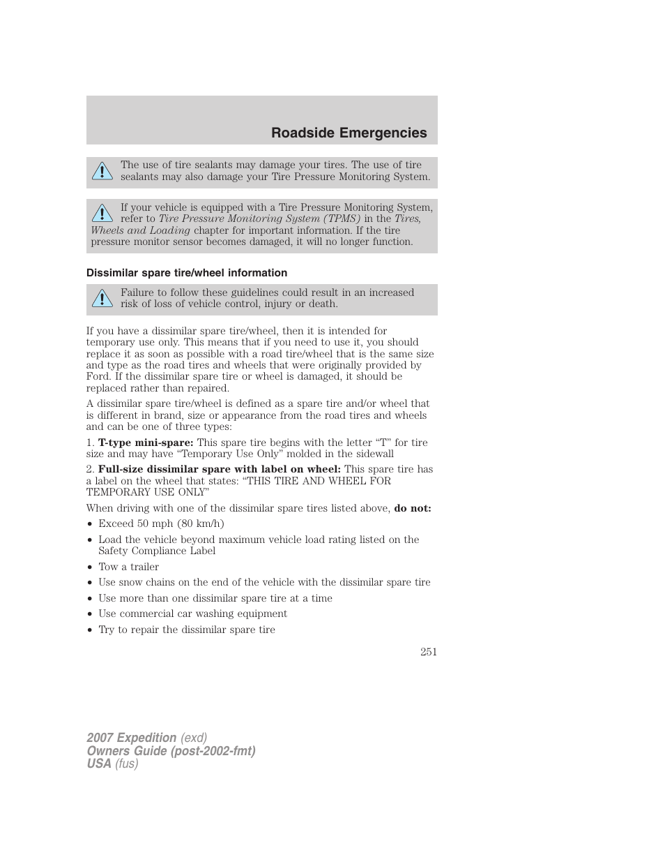 Dissimilar spare tire/wheel information, Roadside emergencies | FORD 2007 Expedition v.1 User Manual | Page 251 / 328