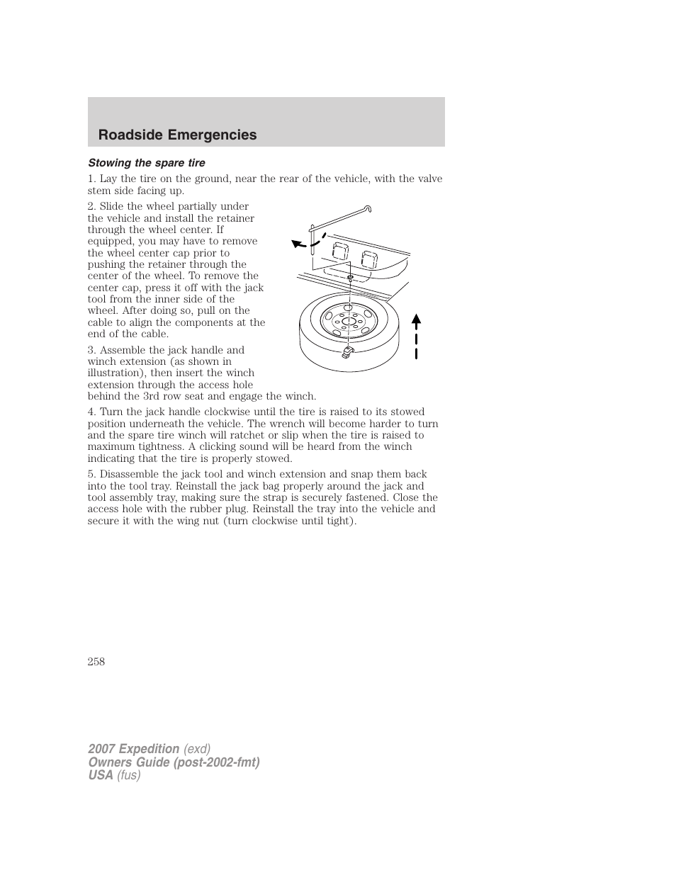 Stowing the spare tire, Roadside emergencies | FORD 2007 Expedition v.1 User Manual | Page 258 / 328