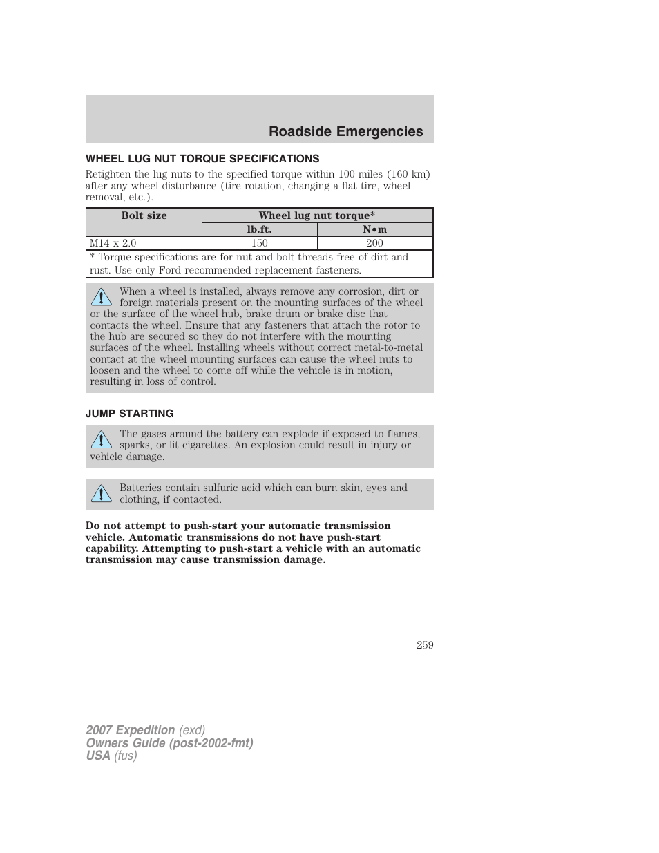 Wheel lug nut torque specifications, Jump starting, Lug nut torque | Roadside emergencies | FORD 2007 Expedition v.1 User Manual | Page 259 / 328