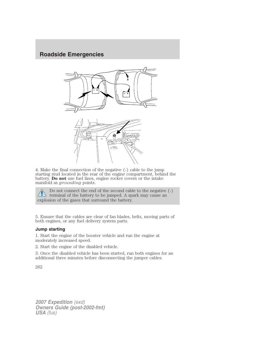 Jump starting, Roadside emergencies | FORD 2007 Expedition v.1 User Manual | Page 262 / 328