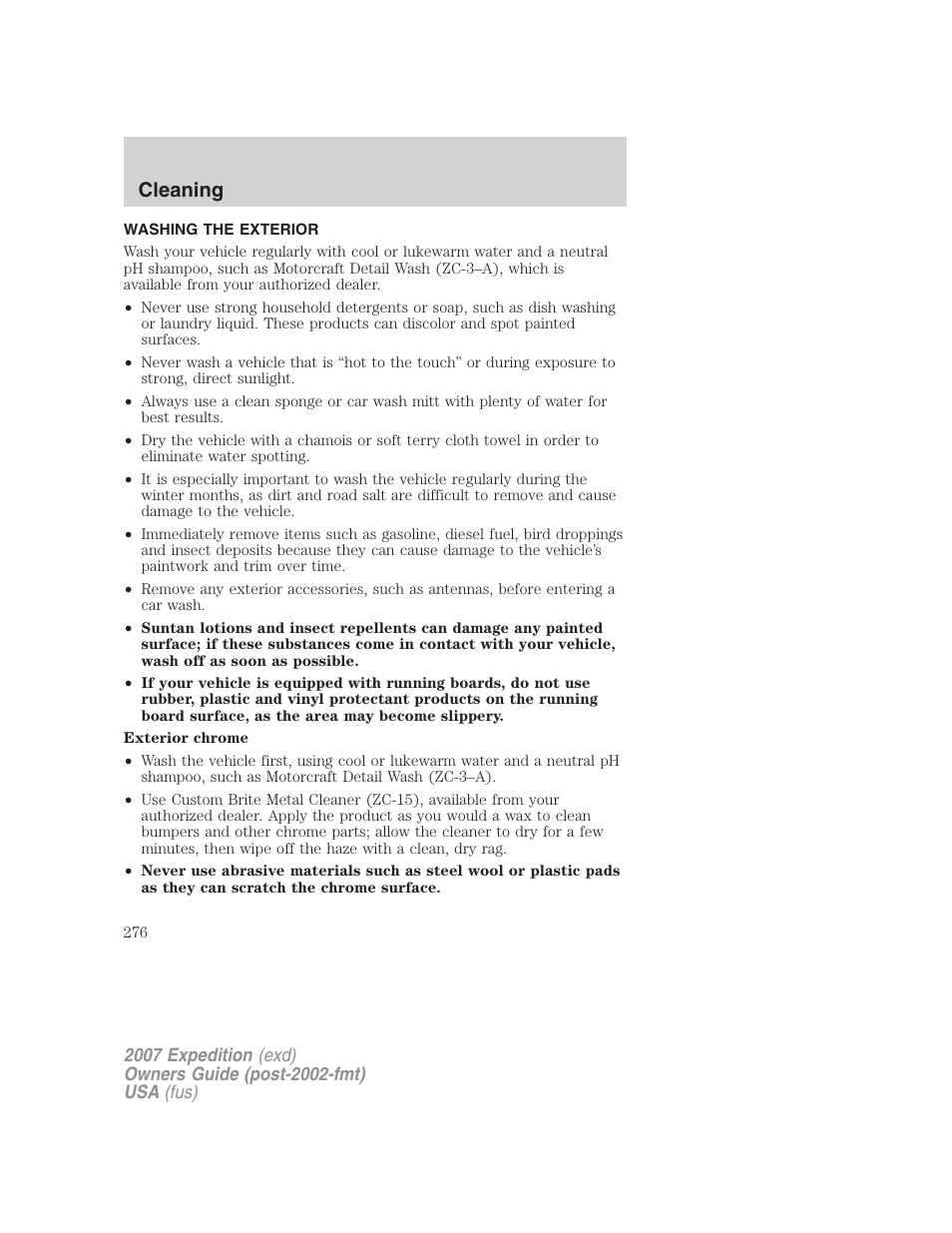 Cleaning, Washing the exterior | FORD 2007 Expedition v.1 User Manual | Page 276 / 328