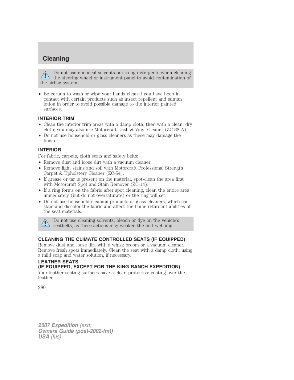 Interior trim, Interior, Cleaning | FORD 2007 Expedition v.1 User Manual | Page 280 / 328