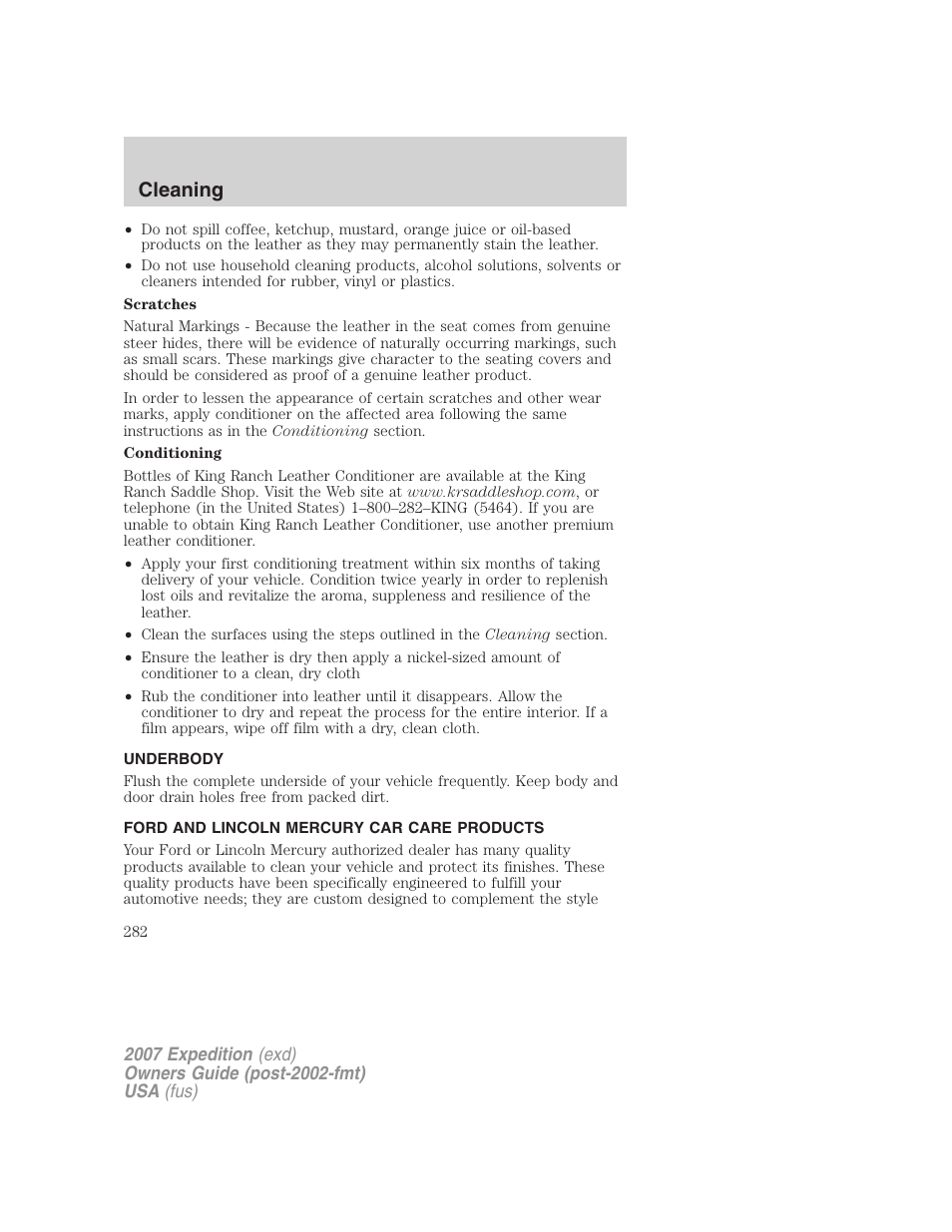 Underbody, Ford and lincoln mercury car care products, Cleaning | FORD 2007 Expedition v.1 User Manual | Page 282 / 328