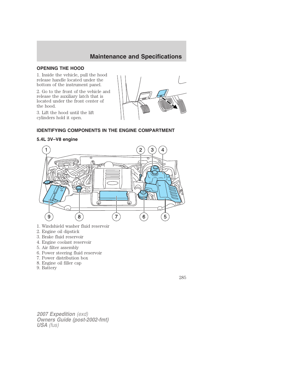 Opening the hood, Identifying components in the engine compartment, 4l 3v–v8 engine | Engine compartment, Maintenance and specifications | FORD 2007 Expedition v.1 User Manual | Page 285 / 328