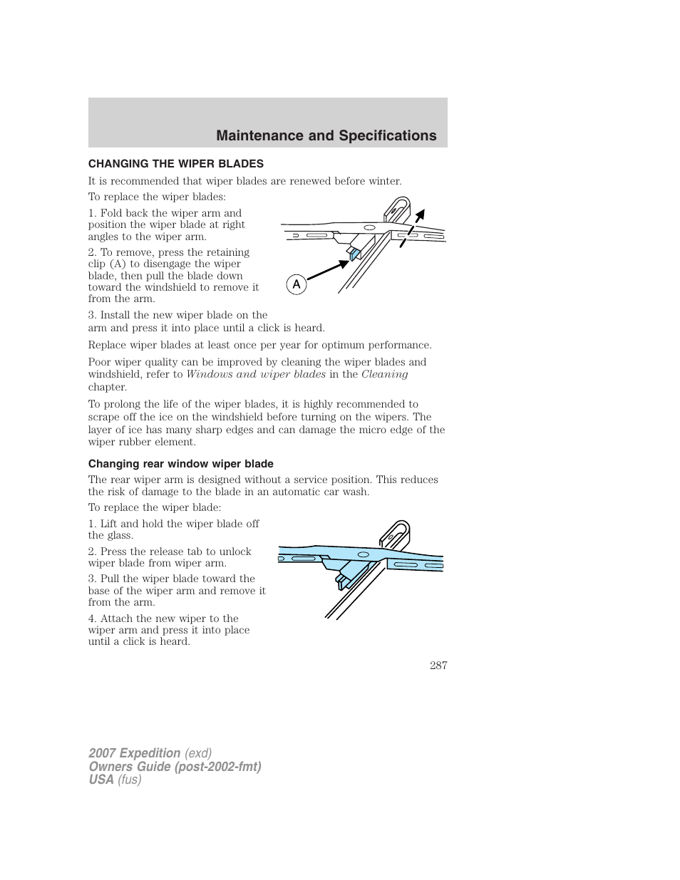 Changing the wiper blades, Changing rear window wiper blade, Maintenance and specifications | FORD 2007 Expedition v.1 User Manual | Page 287 / 328