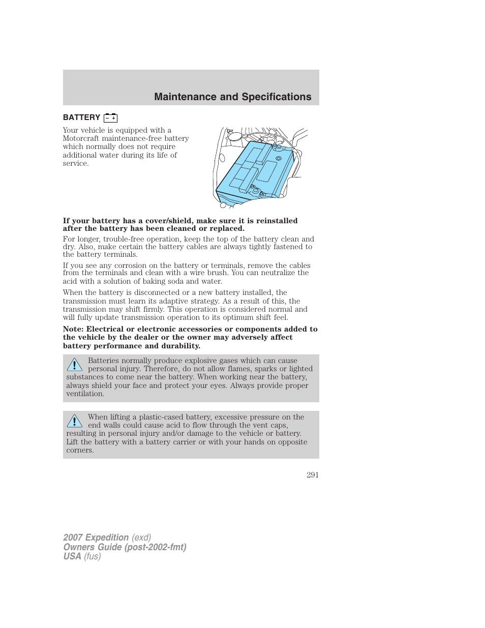 Battery, Maintenance and specifications | FORD 2007 Expedition v.1 User Manual | Page 291 / 328