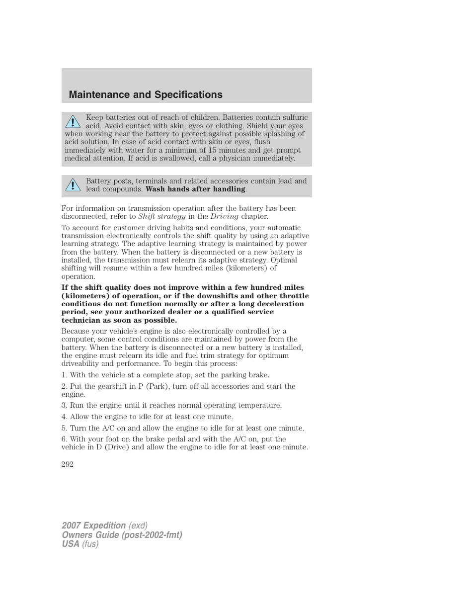 Maintenance and specifications | FORD 2007 Expedition v.1 User Manual | Page 292 / 328