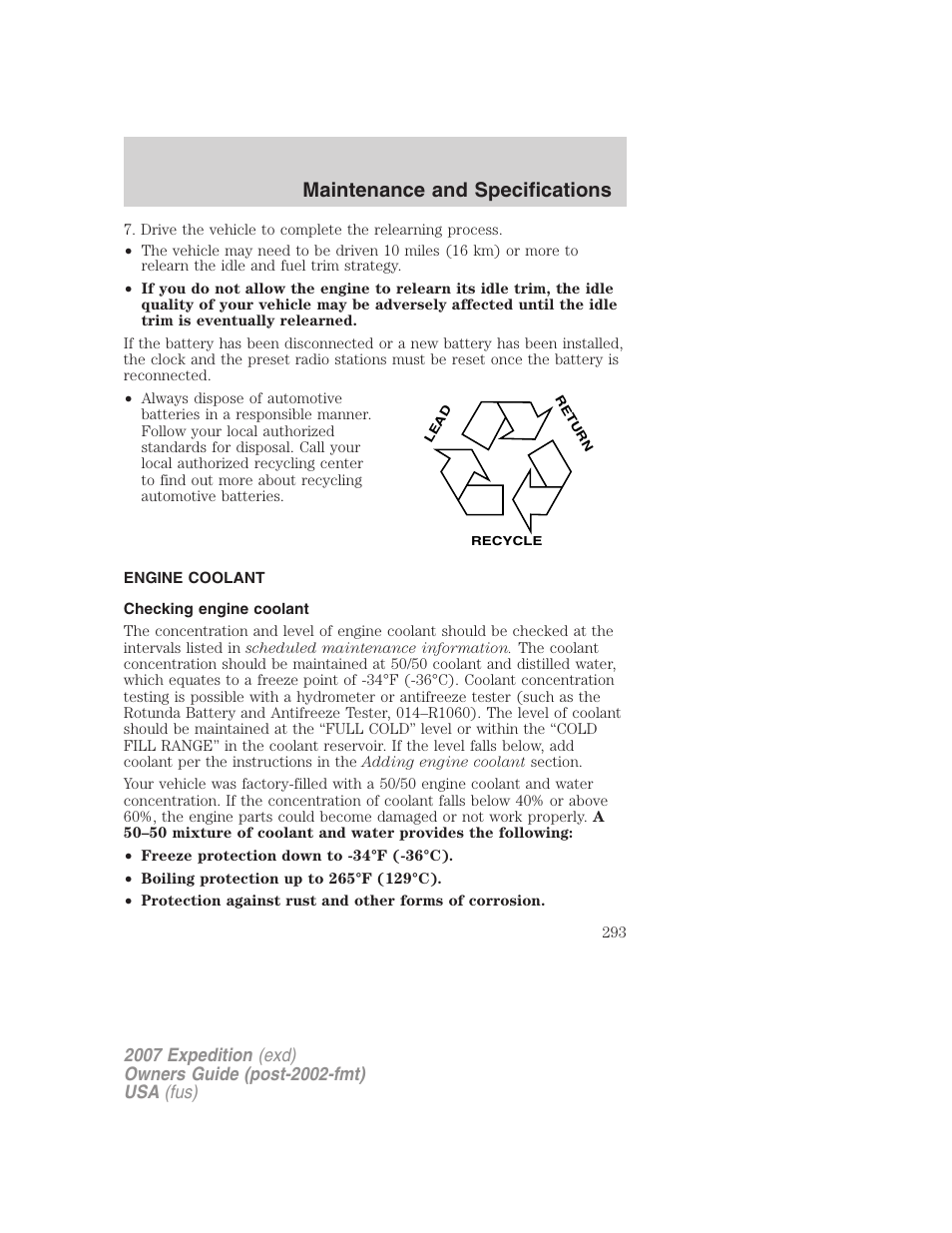 Engine coolant, Checking engine coolant, Maintenance and specifications | FORD 2007 Expedition v.1 User Manual | Page 293 / 328