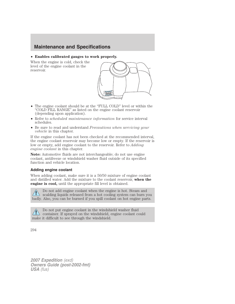 Adding engine coolant, Maintenance and specifications | FORD 2007 Expedition v.1 User Manual | Page 294 / 328