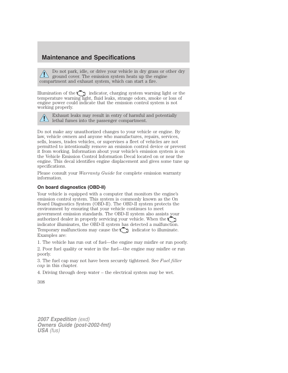 On board diagnostics (obd-ii), Maintenance and specifications | FORD 2007 Expedition v.1 User Manual | Page 308 / 328