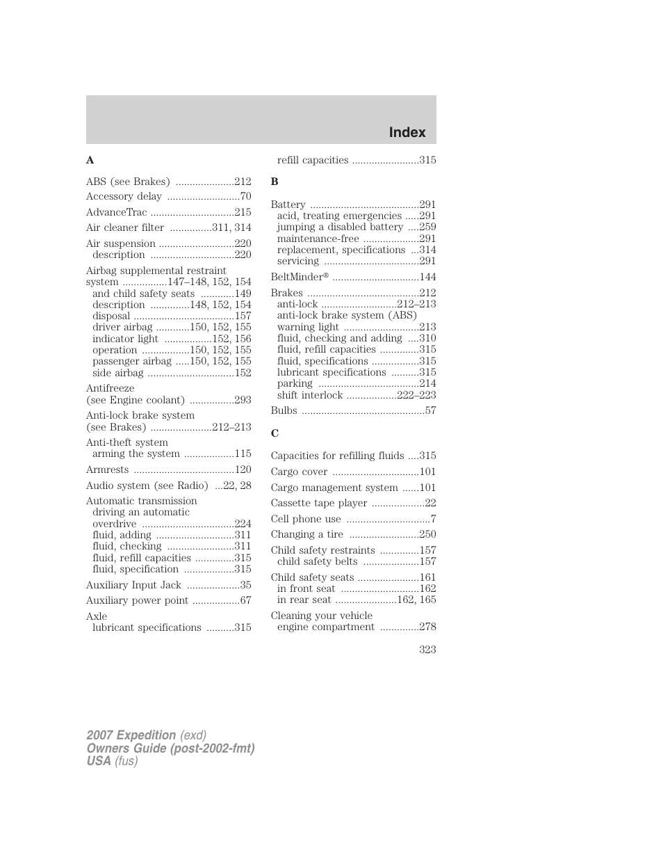 Index | FORD 2007 Expedition v.1 User Manual | Page 323 / 328