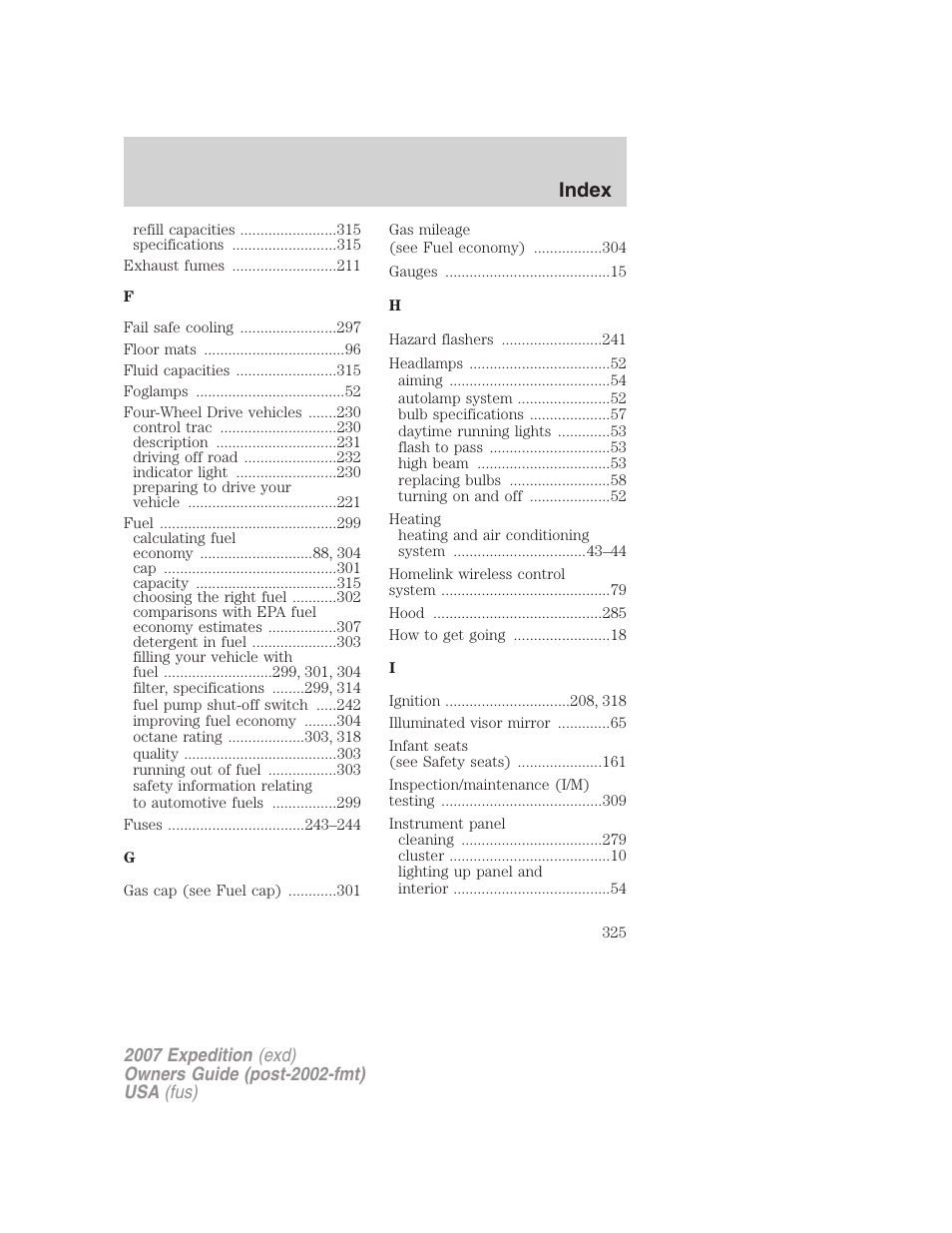 Index | FORD 2007 Expedition v.1 User Manual | Page 325 / 328