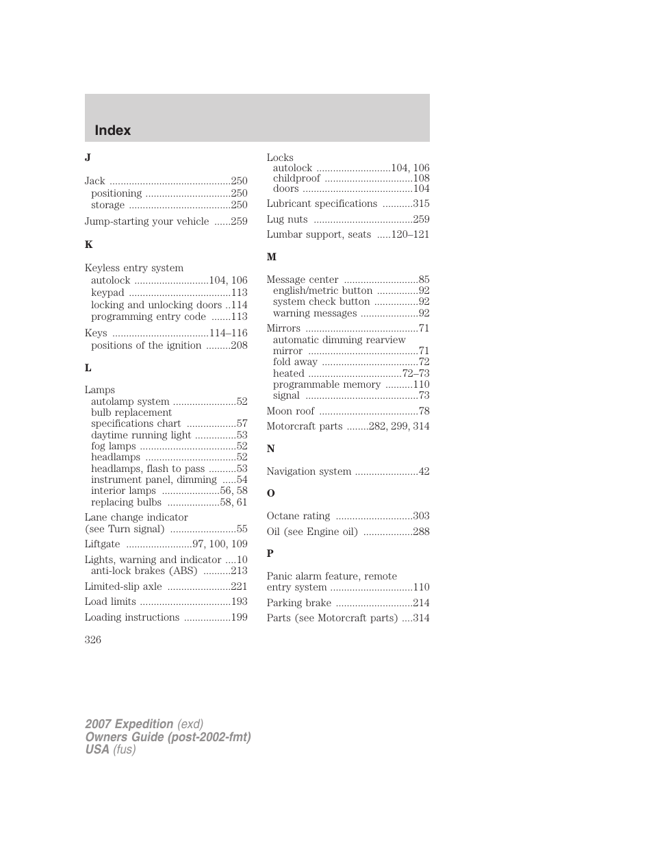 Index | FORD 2007 Expedition v.1 User Manual | Page 326 / 328