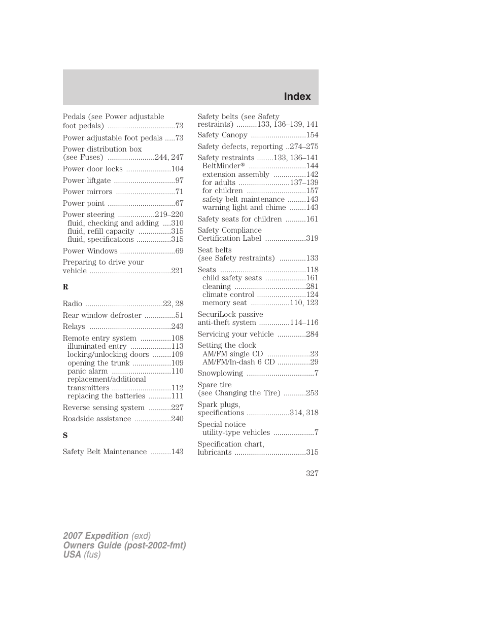 Index | FORD 2007 Expedition v.1 User Manual | Page 327 / 328