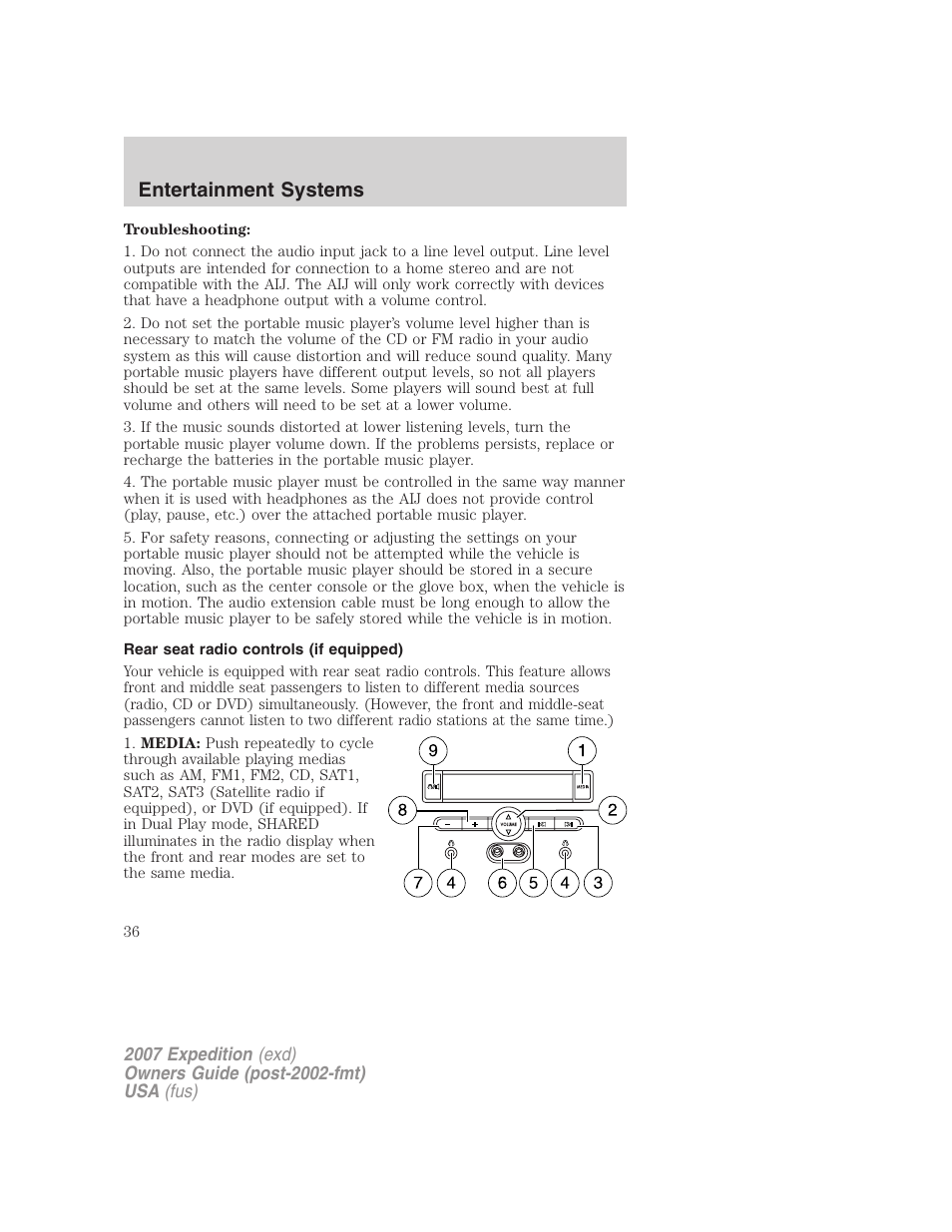 Rear seat radio controls (if equipped), Rear seat controls, Entertainment systems | FORD 2007 Expedition v.1 User Manual | Page 36 / 328