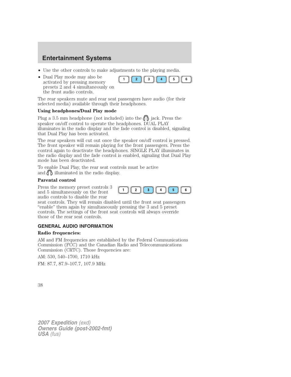 General audio information, Entertainment systems | FORD 2007 Expedition v.1 User Manual | Page 38 / 328