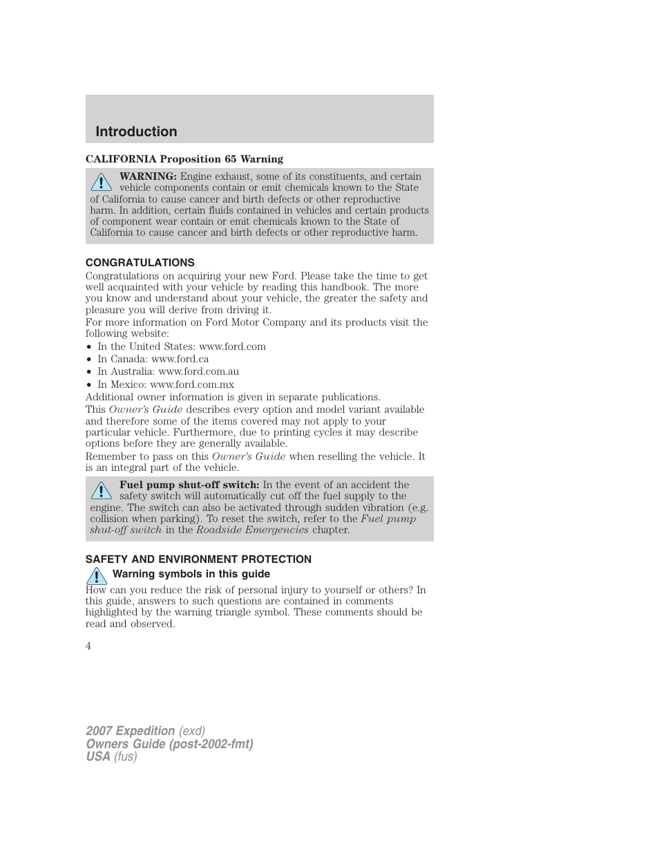 Introduction, Congratulations, Safety and environment protection | Warning symbols in this guide | FORD 2007 Expedition v.1 User Manual | Page 4 / 328