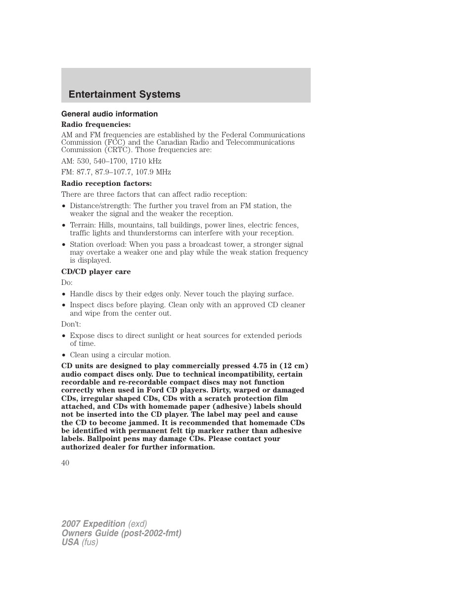 General audio information, Entertainment systems | FORD 2007 Expedition v.1 User Manual | Page 40 / 328