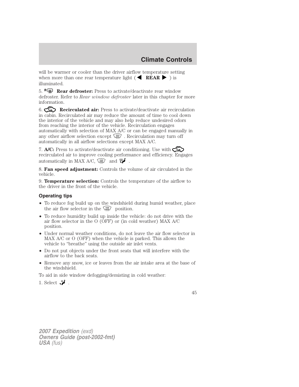 Operating tips, Climate controls | FORD 2007 Expedition v.1 User Manual | Page 45 / 328