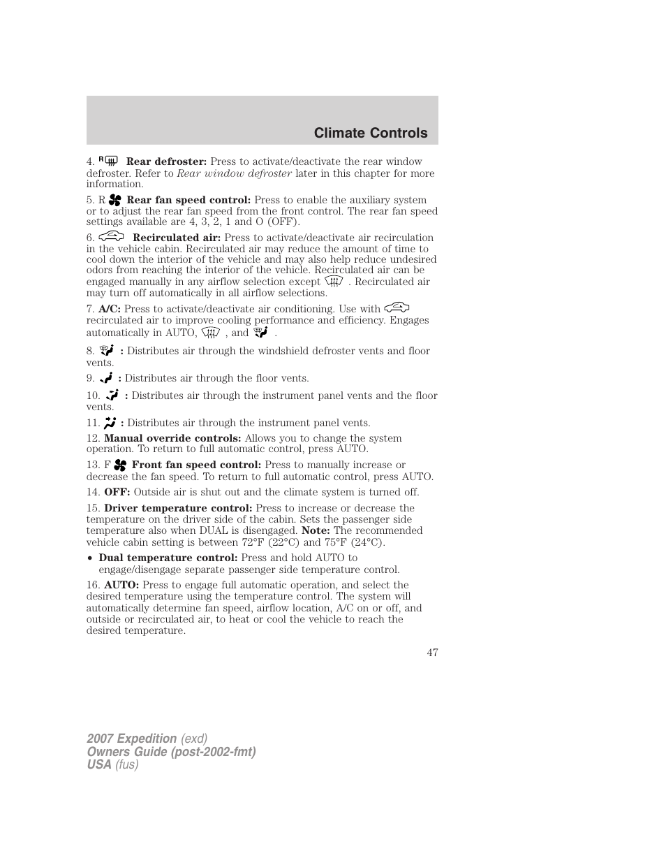 Climate controls | FORD 2007 Expedition v.1 User Manual | Page 47 / 328