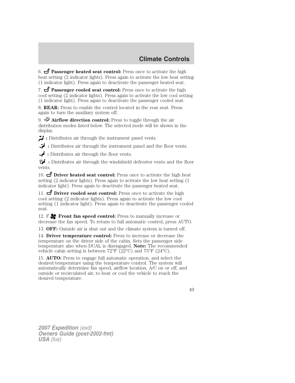 Climate controls | FORD 2007 Expedition v.1 User Manual | Page 49 / 328