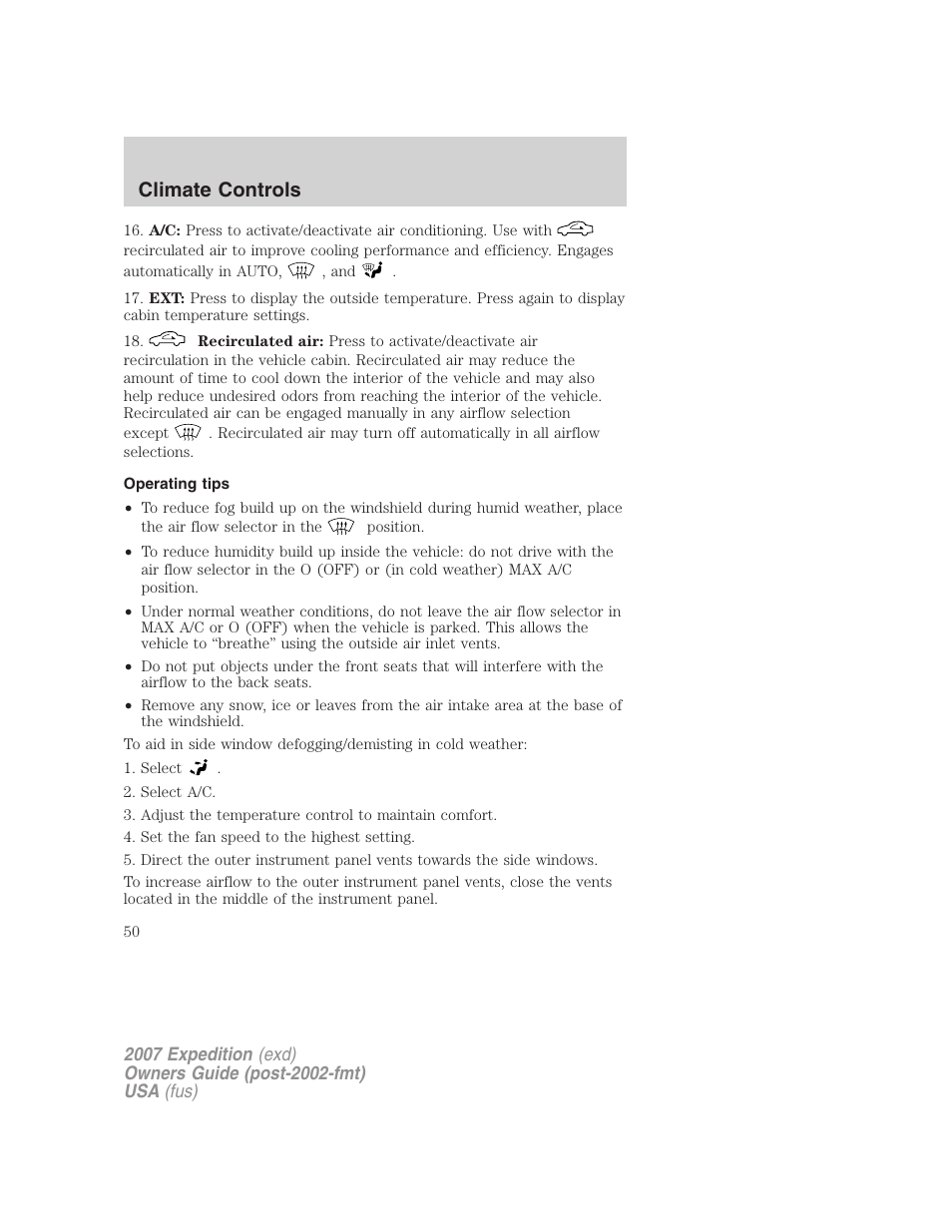Operating tips, Climate controls | FORD 2007 Expedition v.1 User Manual | Page 50 / 328
