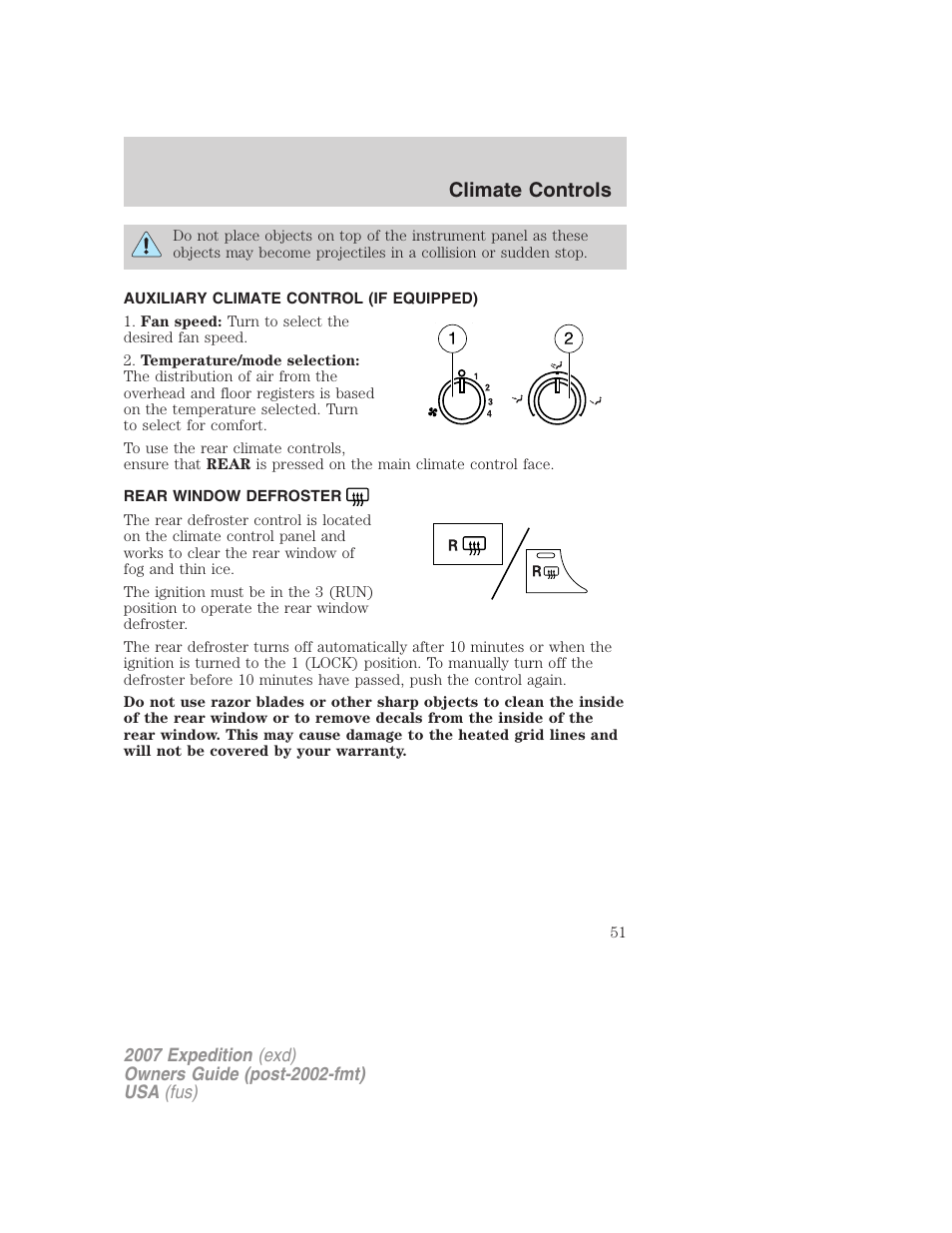 Auxiliary climate control (if equipped), Rear window defroster, Climate controls | FORD 2007 Expedition v.1 User Manual | Page 51 / 328