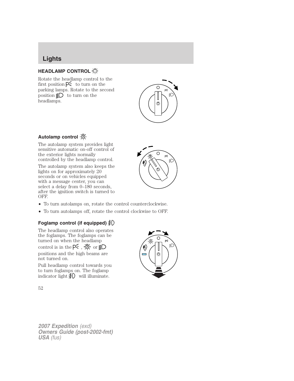 Lights, Headlamp control, Autolamp control | Foglamp control (if equipped), Headlamps | FORD 2007 Expedition v.1 User Manual | Page 52 / 328