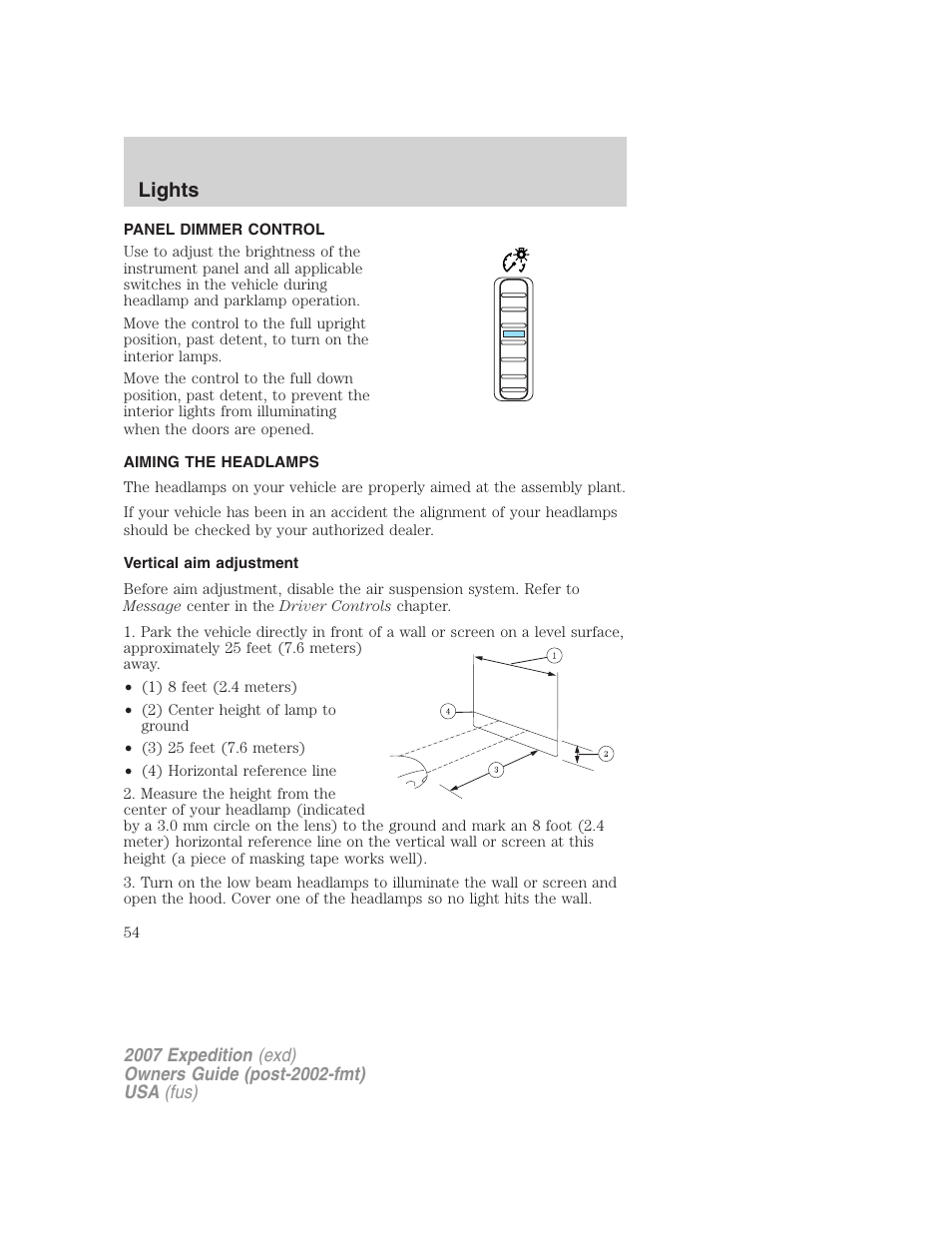 Panel dimmer control, Aiming the headlamps, Vertical aim adjustment | Lights | FORD 2007 Expedition v.1 User Manual | Page 54 / 328