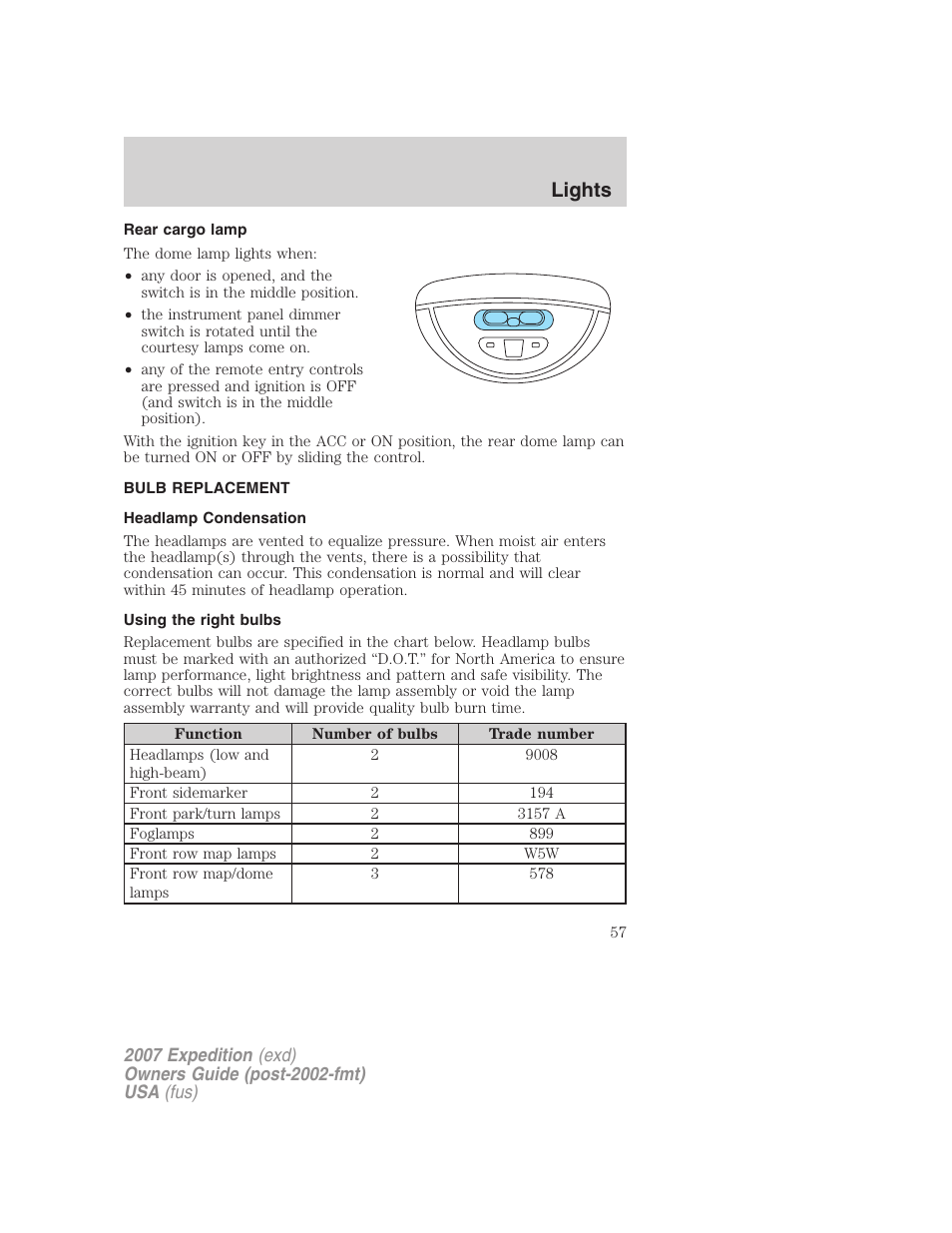 Rear cargo lamp, Bulb replacement, Headlamp condensation | Using the right bulbs, Lights | FORD 2007 Expedition v.1 User Manual | Page 57 / 328