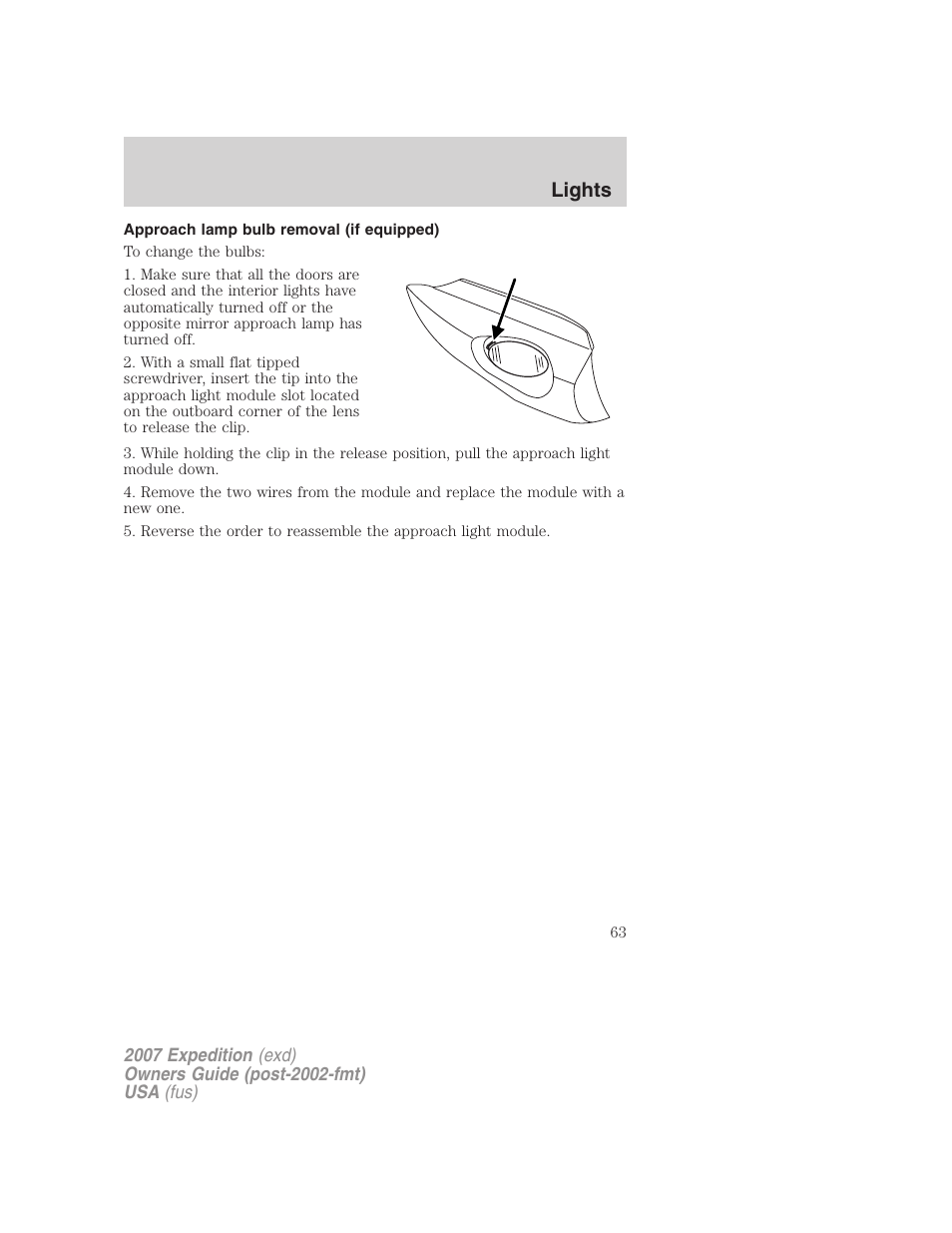 Approach lamp bulb removal (if equipped), Lights | FORD 2007 Expedition v.1 User Manual | Page 63 / 328