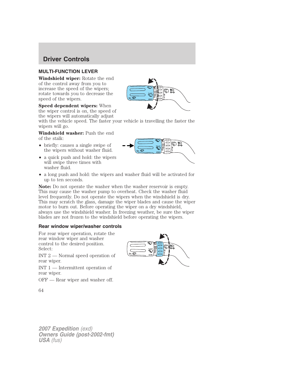 Driver controls, Multi-function lever, Rear window wiper/washer controls | Windshield wiper/washer control | FORD 2007 Expedition v.1 User Manual | Page 64 / 328