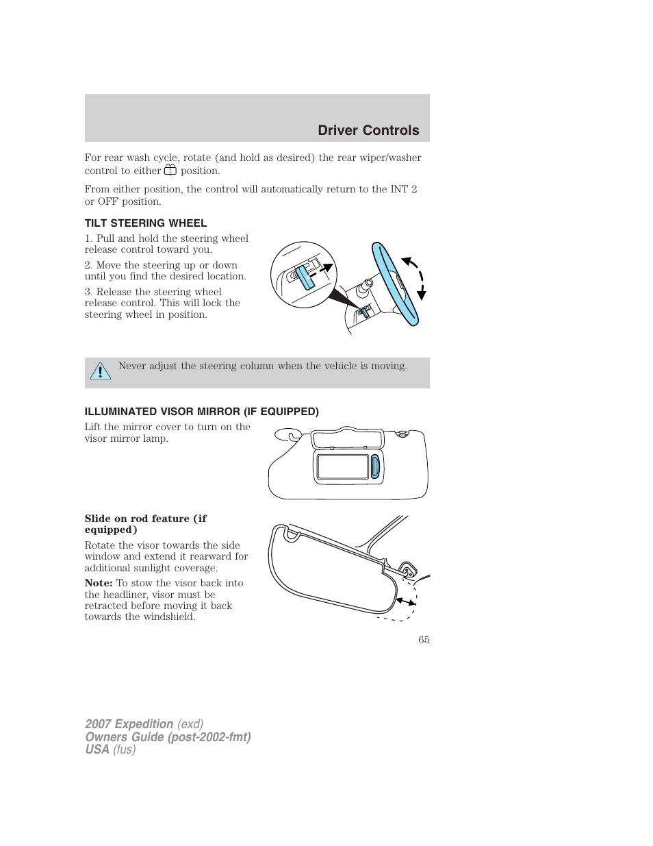 Tilt steering wheel, Illuminated visor mirror (if equipped), Steering wheel adjustment | Driver controls | FORD 2007 Expedition v.1 User Manual | Page 65 / 328