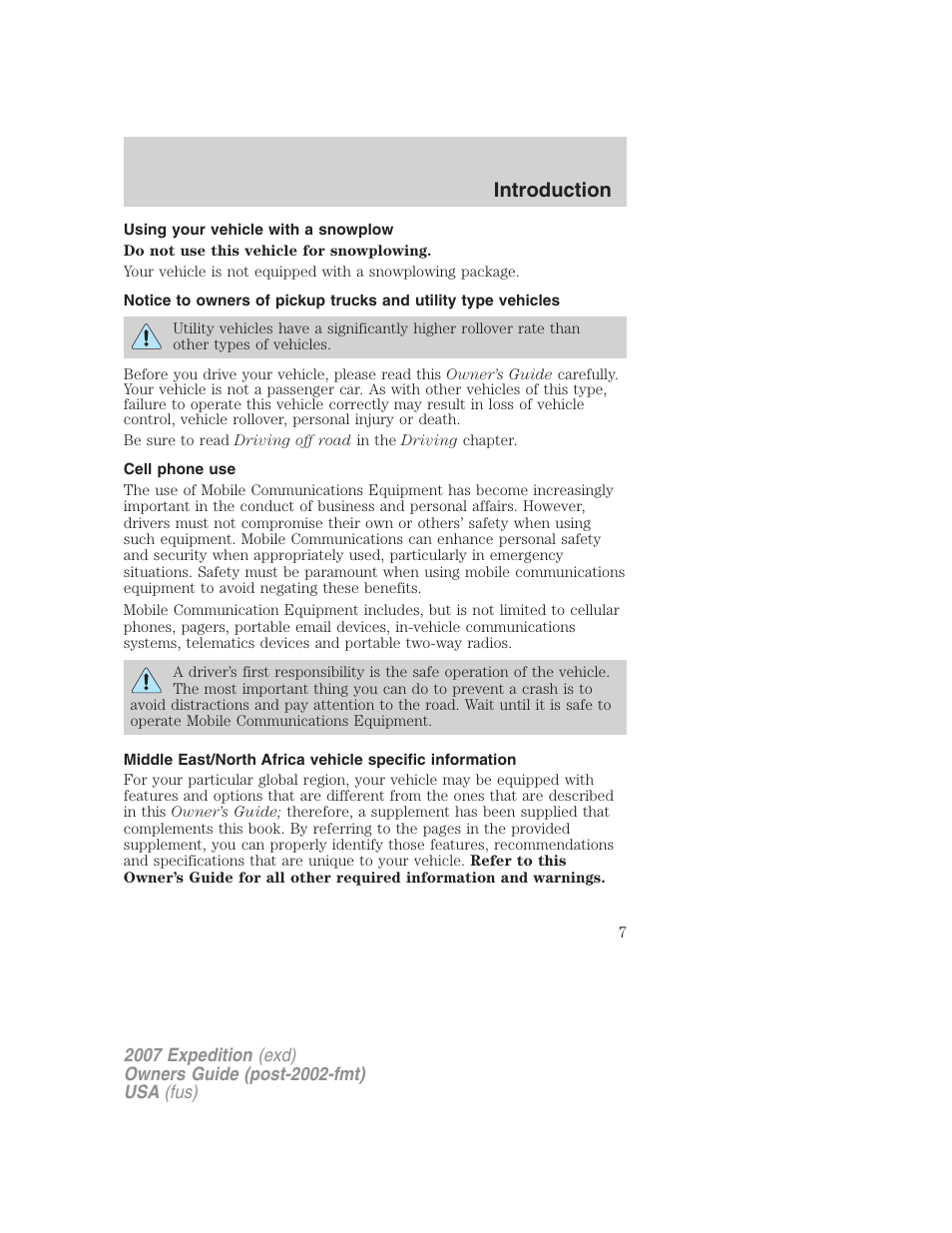 Using your vehicle with a snowplow, Cell phone use, Introduction | FORD 2007 Expedition v.1 User Manual | Page 7 / 328