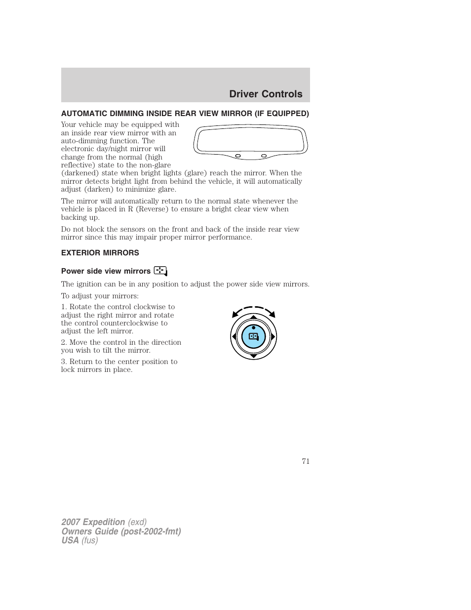 Exterior mirrors, Power side view mirrors, Mirrors | Driver controls | FORD 2007 Expedition v.1 User Manual | Page 71 / 328