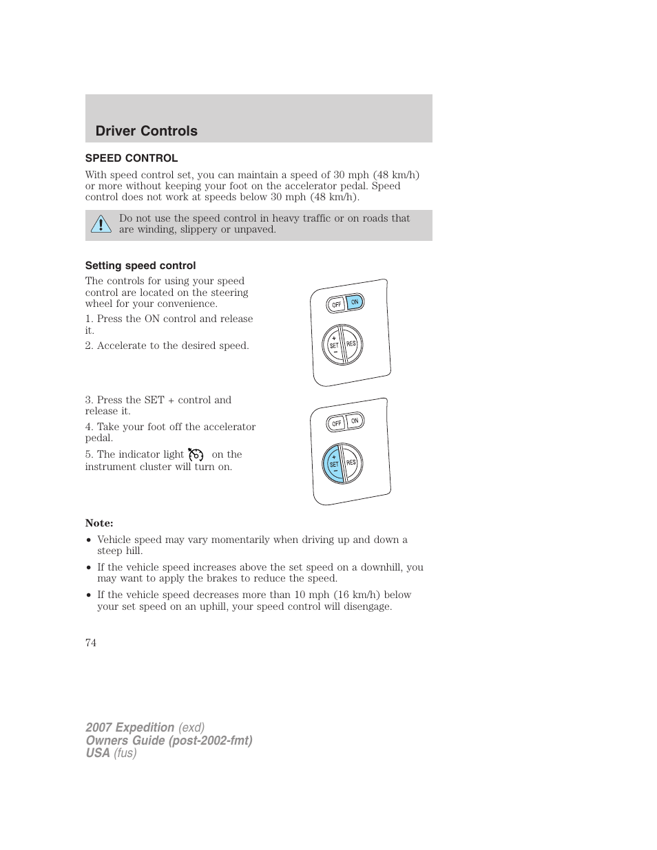 Speed control, Setting speed control, Driver controls | FORD 2007 Expedition v.1 User Manual | Page 74 / 328