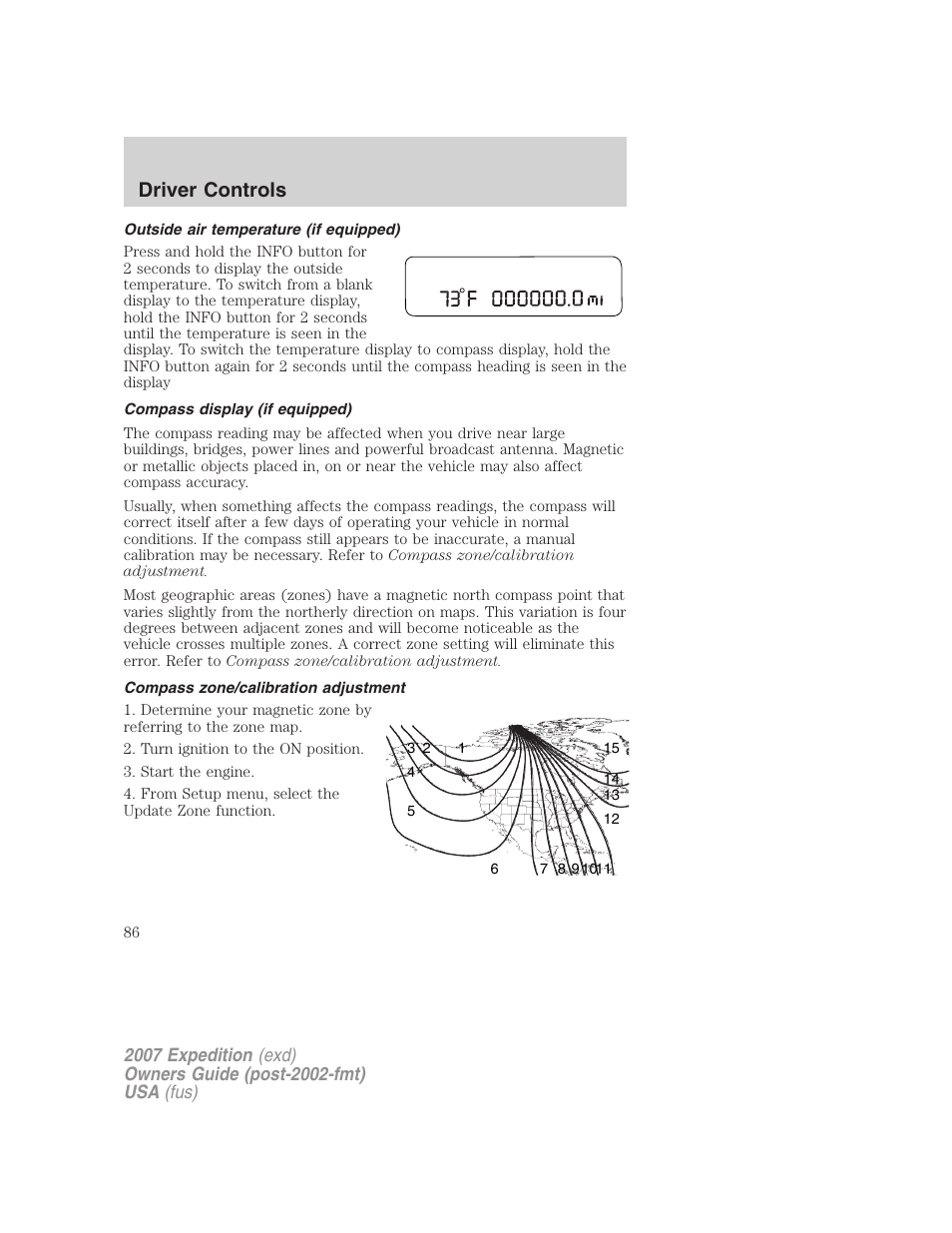 Outside air temperature (if equipped), Compass display (if equipped), Compass zone/calibration adjustment | Driver controls | FORD 2007 Expedition v.1 User Manual | Page 86 / 328