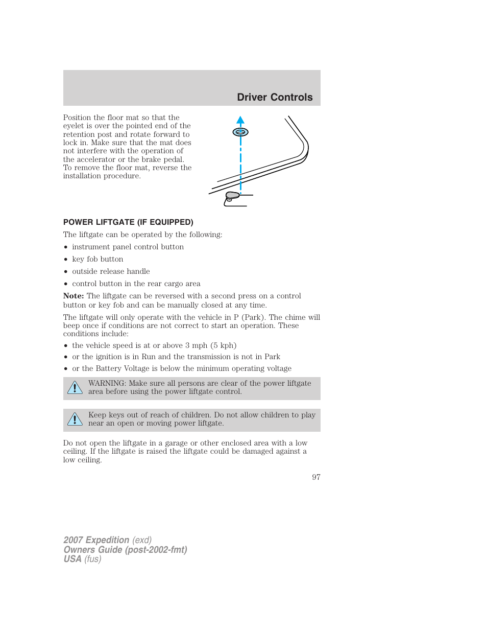 Power liftgate (if equipped), Driver controls | FORD 2007 Expedition v.1 User Manual | Page 97 / 328