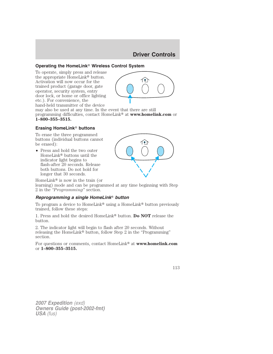 Operating the homelink wireless control system, Erasing homelink buttons, Reprogramming a single homelink button | Driver controls | FORD 2007 Expedition v.2 User Manual | Page 113 / 376