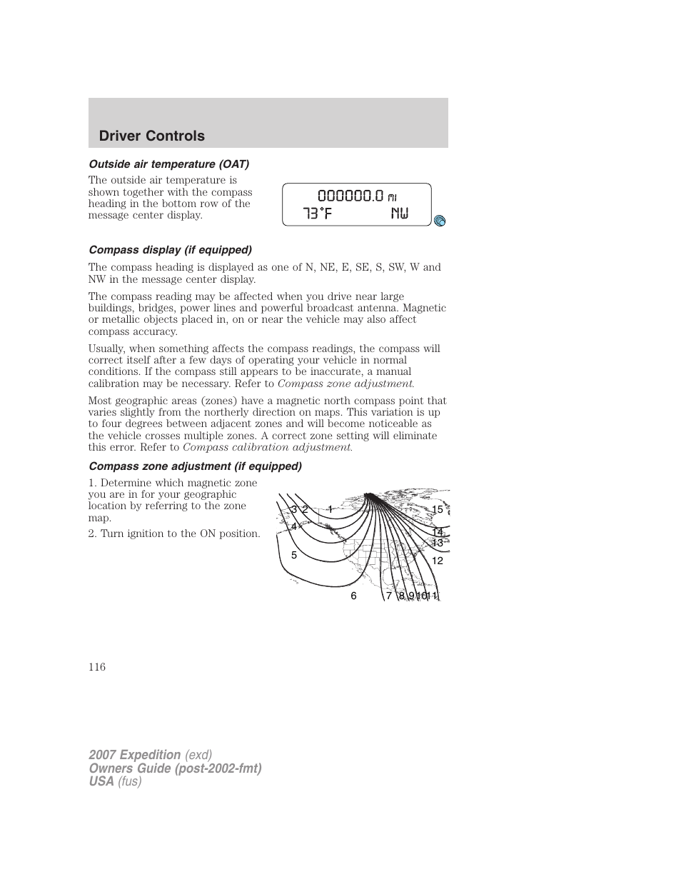 Outside air temperature (oat), Compass display (if equipped), Compass zone adjustment (if equipped) | Driver controls | FORD 2007 Expedition v.2 User Manual | Page 116 / 376