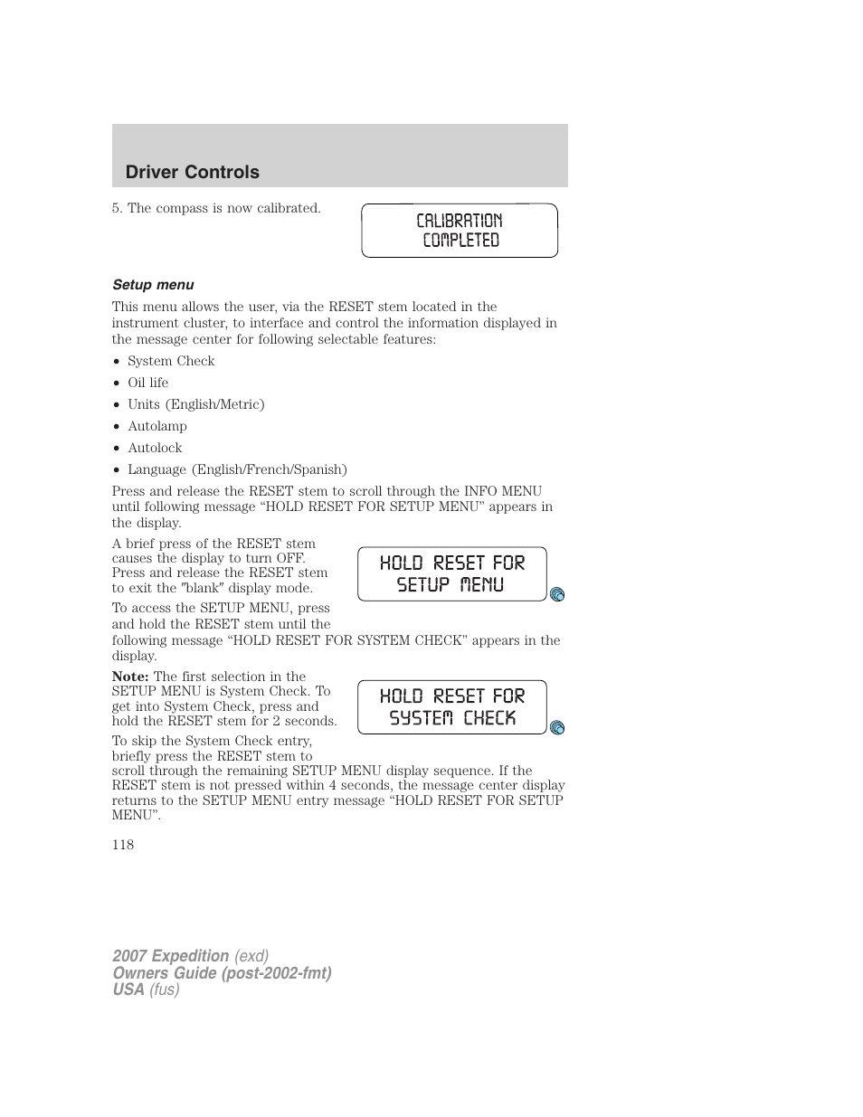 Setup menu, Driver controls | FORD 2007 Expedition v.2 User Manual | Page 118 / 376