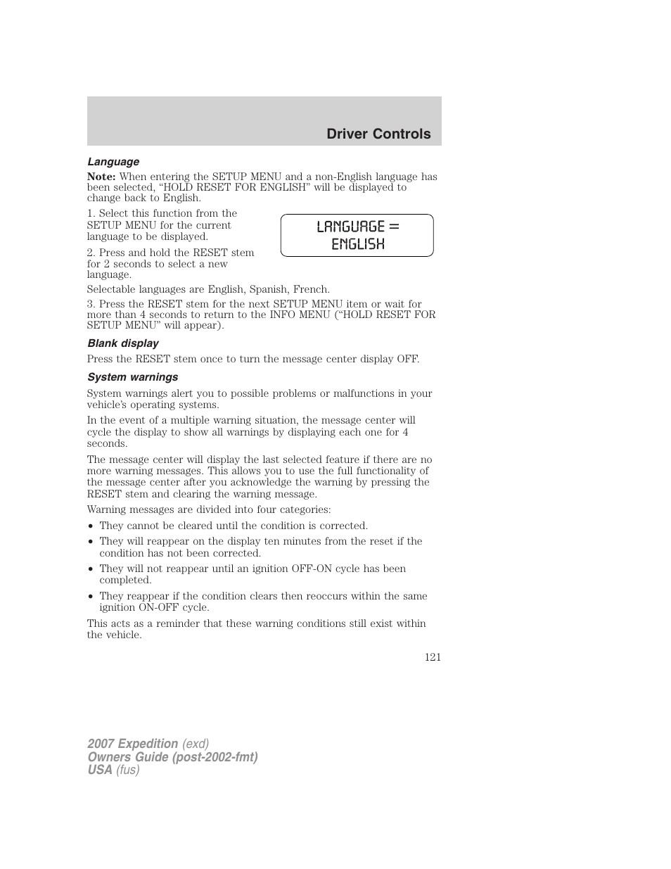 Language, Blank display, System warnings | Driver controls | FORD 2007 Expedition v.2 User Manual | Page 121 / 376