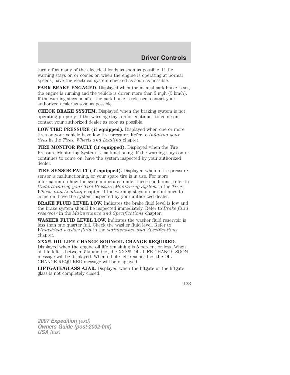 Driver controls | FORD 2007 Expedition v.2 User Manual | Page 123 / 376