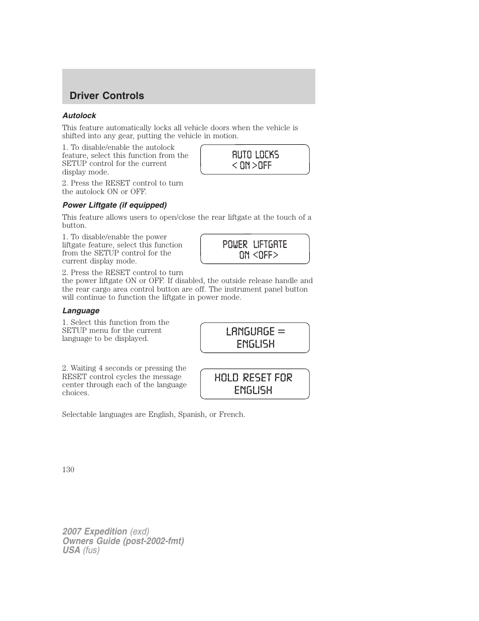 Autolock, Power liftgate (if equipped), Language | Driver controls | FORD 2007 Expedition v.2 User Manual | Page 130 / 376