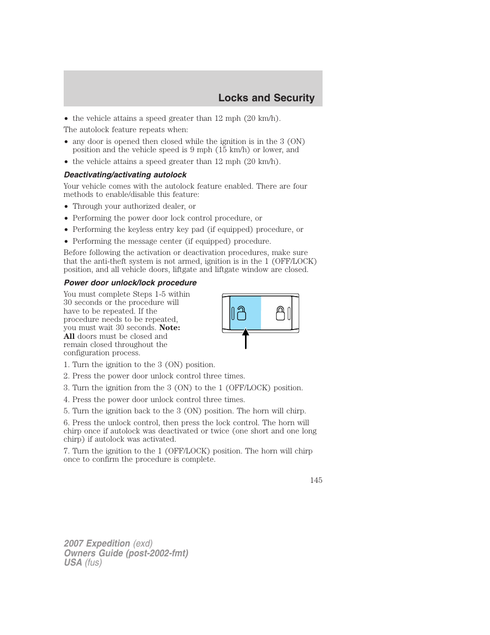 Deactivating/activating autolock, Power door unlock/lock procedure, Locks and security | FORD 2007 Expedition v.2 User Manual | Page 145 / 376