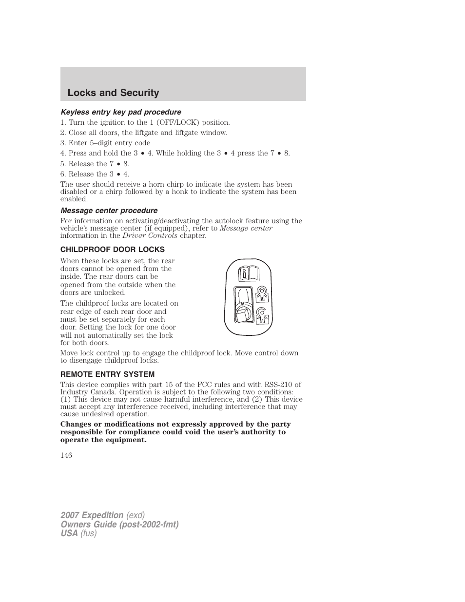 Keyless entry key pad procedure, Message center procedure, Childproof door locks | Remote entry system, Locks and security | FORD 2007 Expedition v.2 User Manual | Page 146 / 376