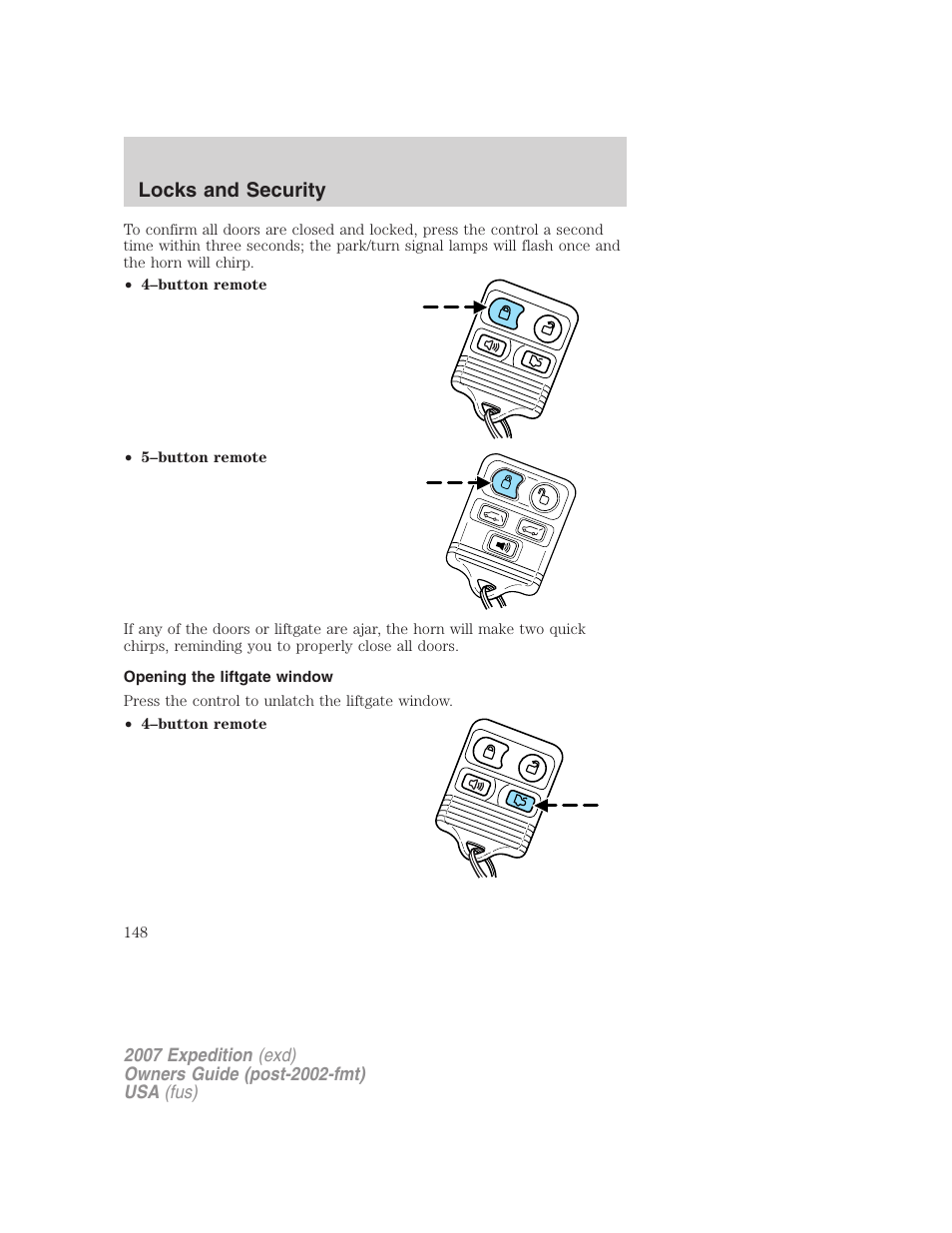 Opening the liftgate window, Locks and security | FORD 2007 Expedition v.2 User Manual | Page 148 / 376